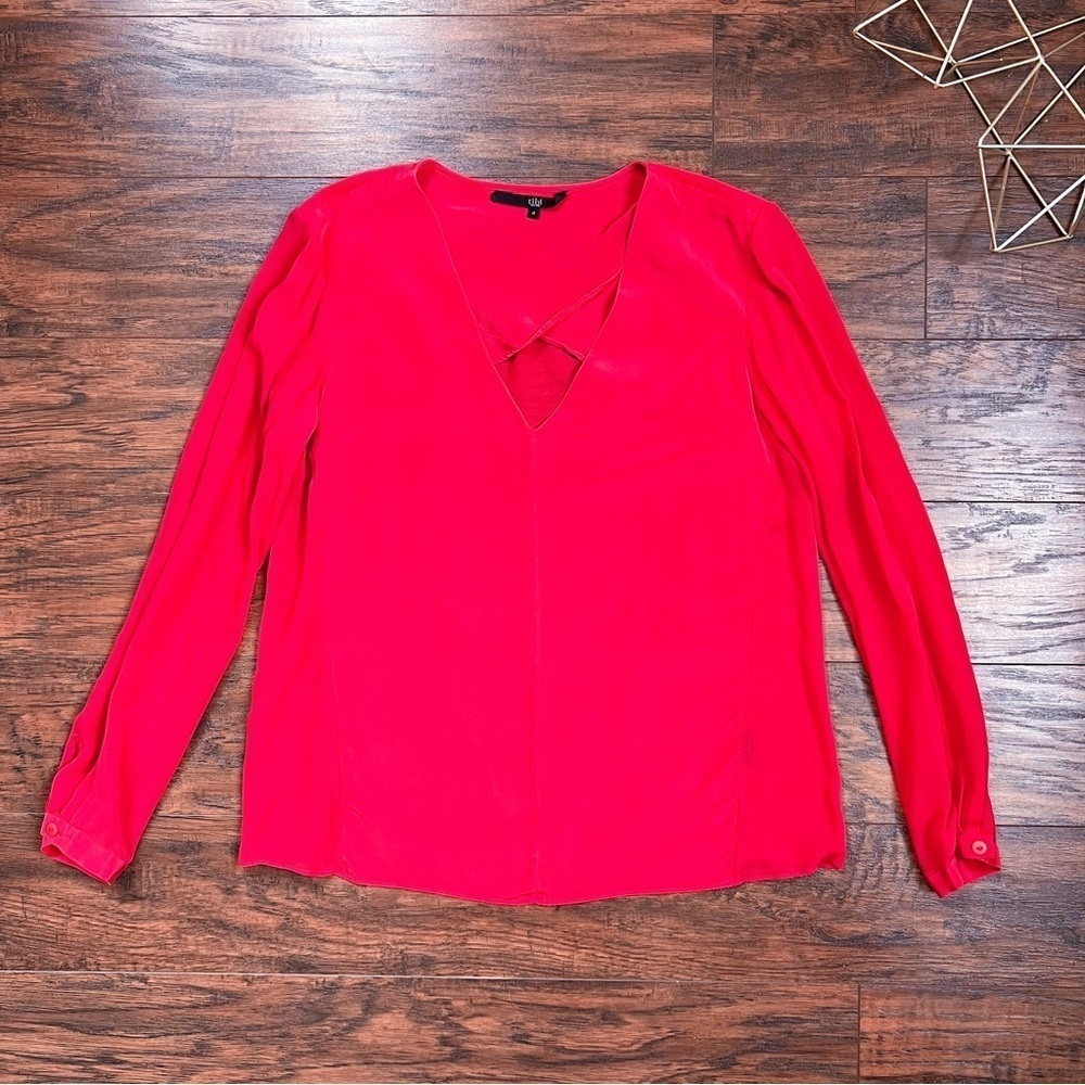 Tibi • 100% silk blouse top red popover v neck chiffon crepe flowy